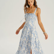 Blue Floral Ruched Slip Midi Dress