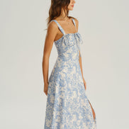 Blue Floral Ruched Slip Midi Dress