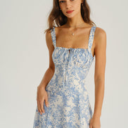 Blue Floral Ruched Slip Midi Dress