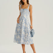Blue Floral Ruched Slip Midi Dress