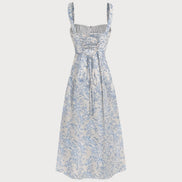 Blue Floral Ruched Slip Midi Dress