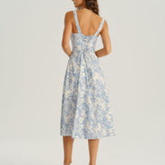 Blue Floral Ruched Slip Midi Dress