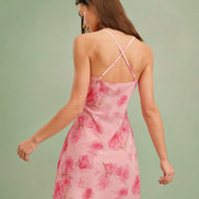 Pink Cowl Neck Floral Slip Mini Dress