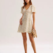 Yellow Floral V-Neck Mini Dress