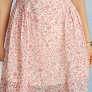 Pink Mock Neck Floral Chiffon Mini Dress