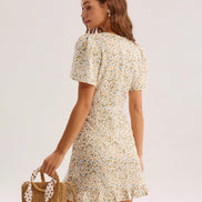 Yellow Floral V-Neck Mini Dress