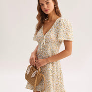Yellow Floral V-Neck Mini Dress