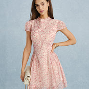 Pink Mock Neck Floral Chiffon Mini Dress