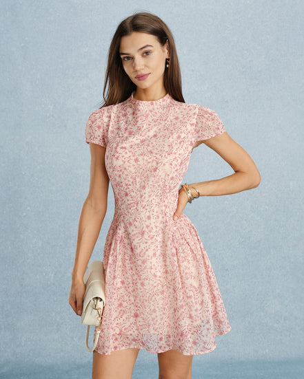 Pink Mock Neck Floral Chiffon Mini Dress