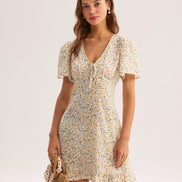 Yellow Floral V-Neck Mini Dress