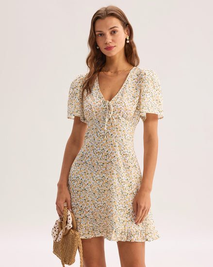 Yellow Floral V-Neck Mini Dress